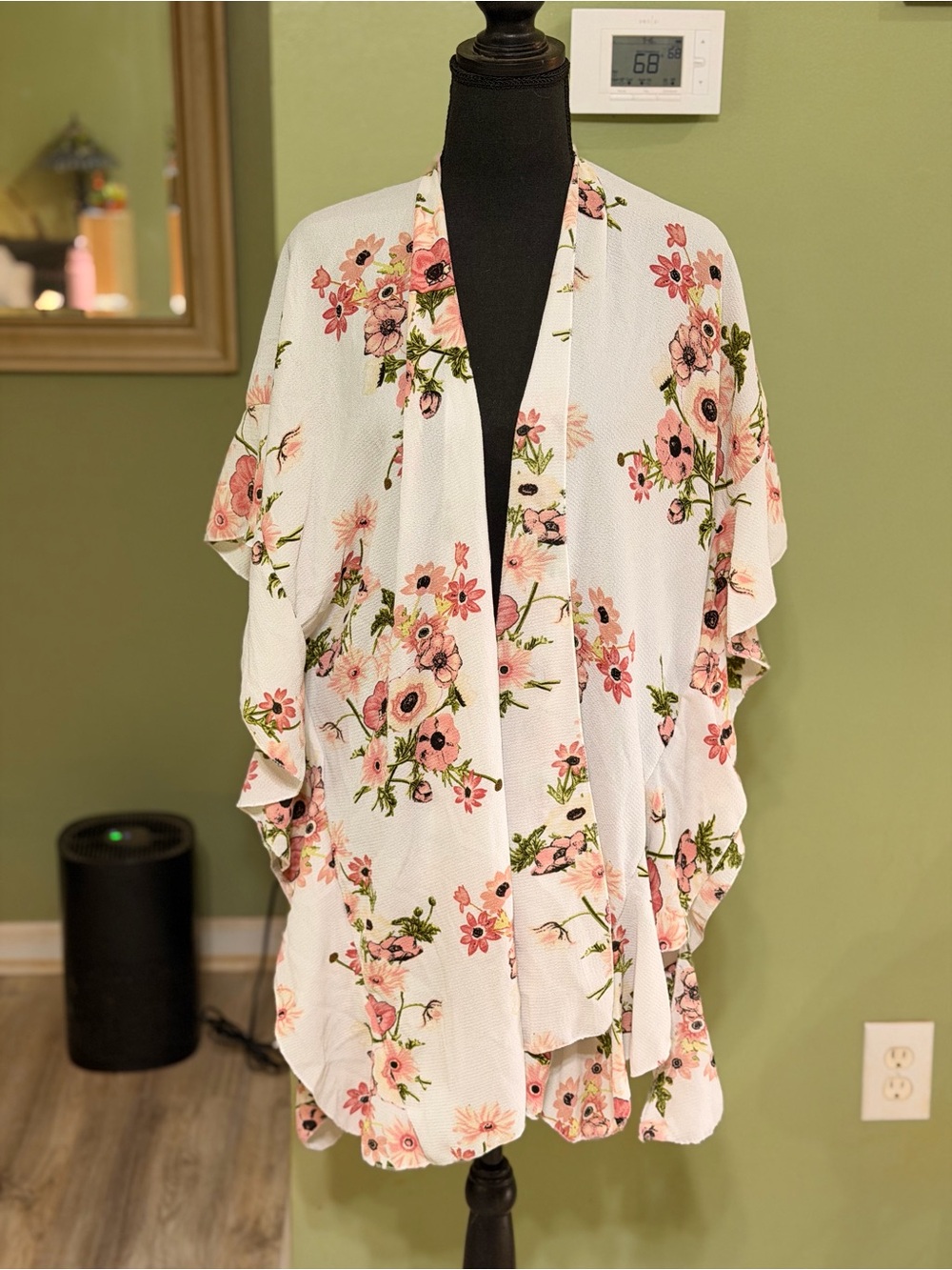 BOGO FREE Floral Open-Front Kimono Cardigan - White with Pink Flowers